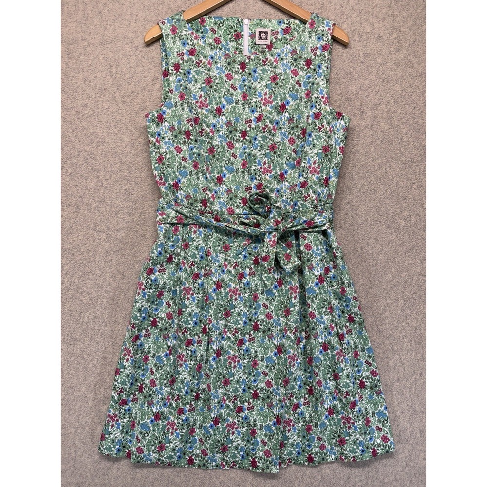 Anne Klein Dress Women's Size‎ 10 Green Floral Sleeveless Tie Waist A-Line